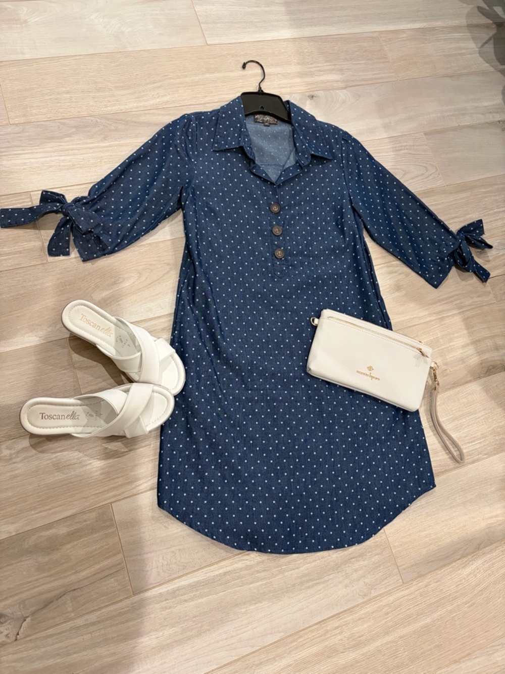 Women's Navy Polka Dot Shirt Dress with Tie Sleeves
